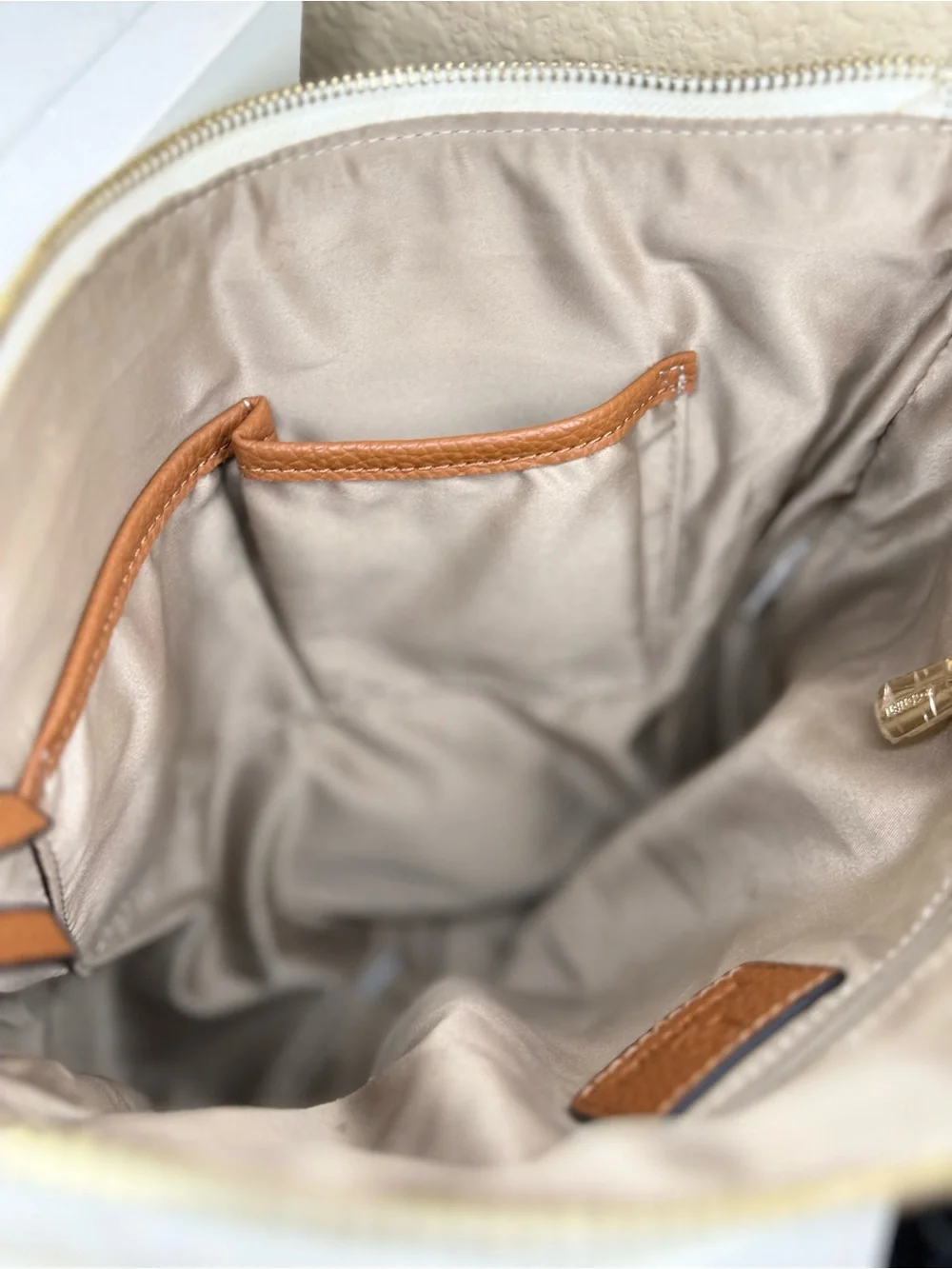 Bostanten Cream White Hobo Crossbody Bag Cognac Brown Gold Hardware Pebbled Bag.